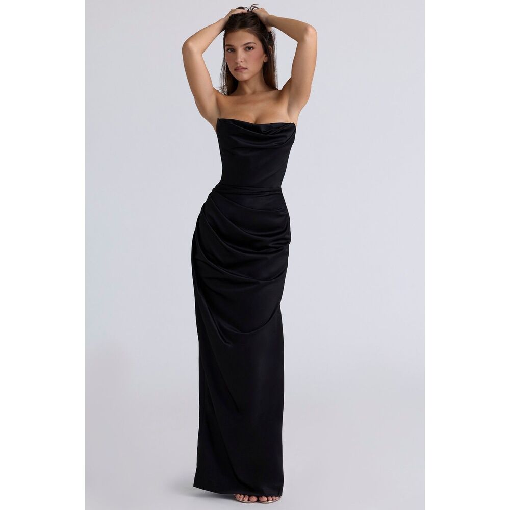 House of CB Adrienne Black Satin Strapless Corset Maxi M black - Picture 4 of 11